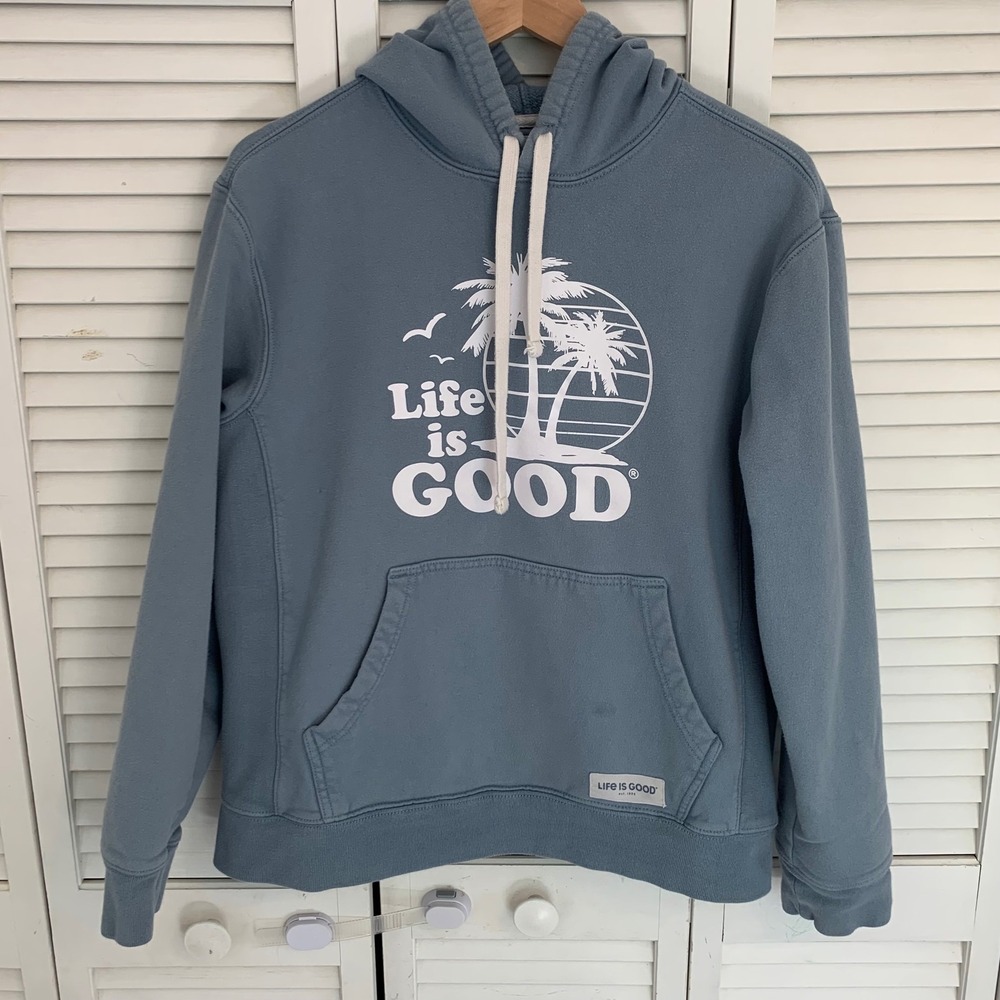Life is Good‎ Mens M Blue Palm Tree Graphic Pullover Hoodie Sweatshirt Cotton